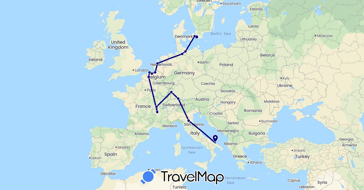 TravelMap itinerary: driving in Belgium, Germany, Denmark, France, Italy, Netherlands, Sweden (Europe)